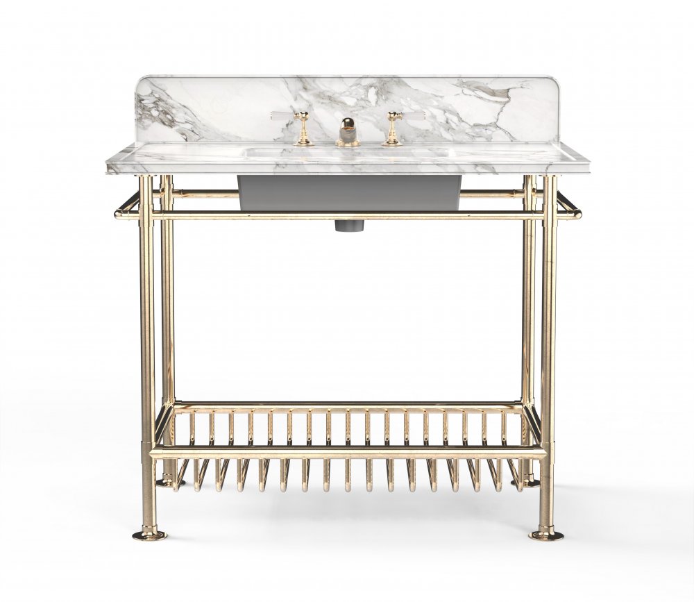 Consolle con struttura in ottone e lavabo rettangolare sottopiano. Marmo Bianco di Carrara con ribassamento sul piano e alzatina ribassata sullo spessore