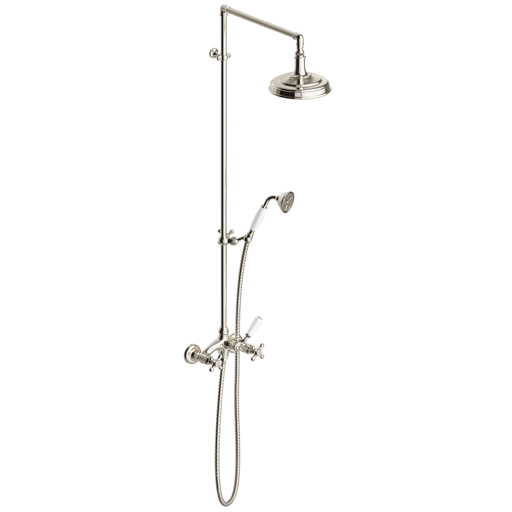 Exposed wall mounted shower mixer with hand shower